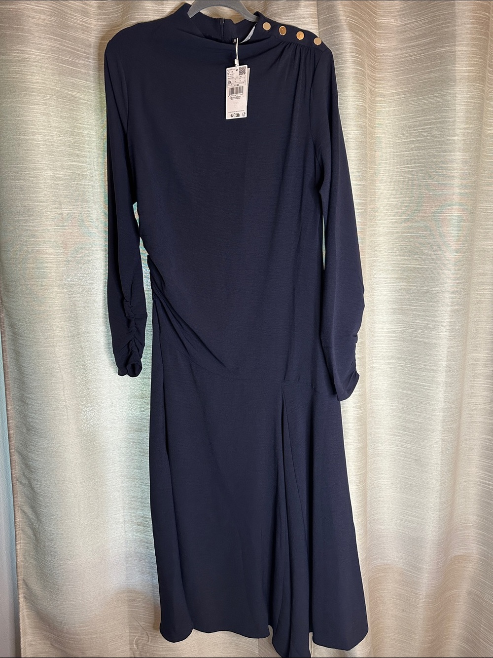 Mango Women's Long Sleeve Navy Midi Dress with Shoulder Button Detail